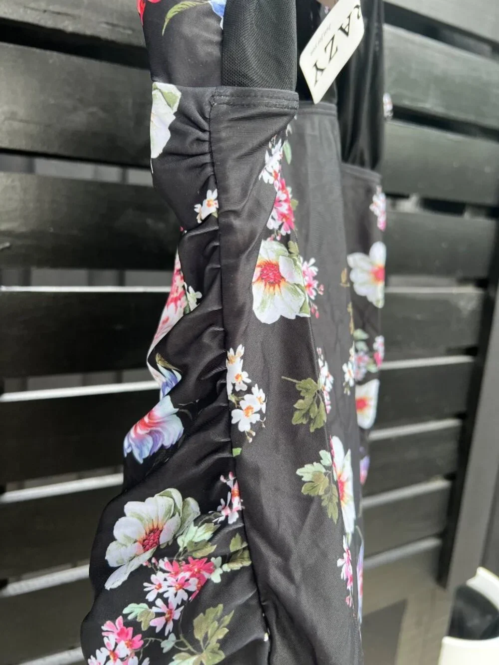 NWT Women’s Black Floral One Piece Swimsuit Mesh Chest Panel See Through Detail